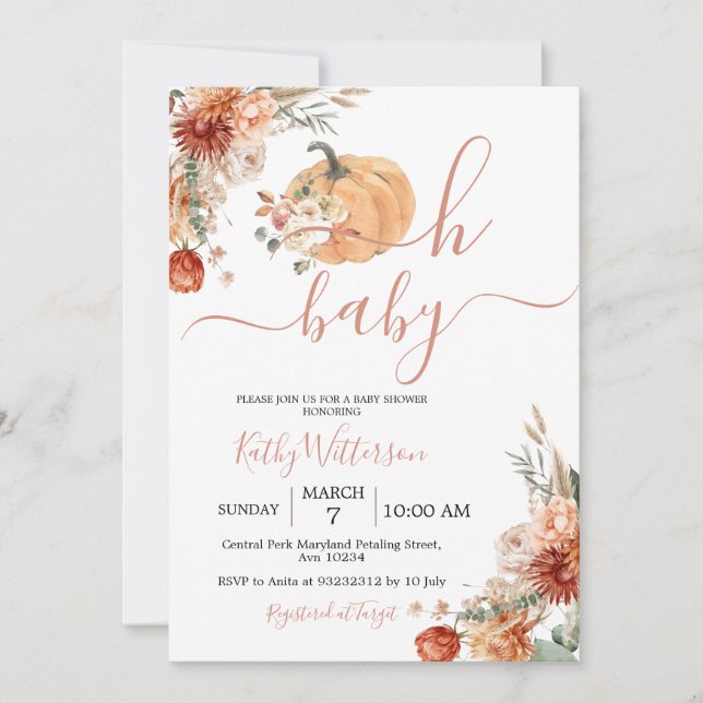 Fall Oh Baby Pumpkin Boho WildblommBaby Shower Inbjudningar (Framsida)