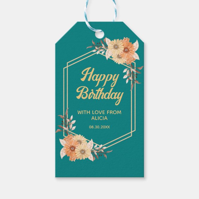 Fall Orange Flower Guld Teal Grattis på födelsedag Presentetikett (Framsidan)