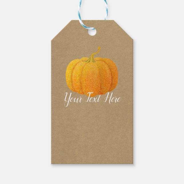 Fall Orange Glittered Glitter Autumn Pumpkin Kraft Presentetikett (Framsidan)