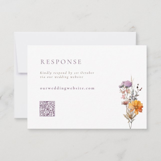 Fall Orange & Lila Wildblommor QR Code Bröllop OSA Kort (Framsida)