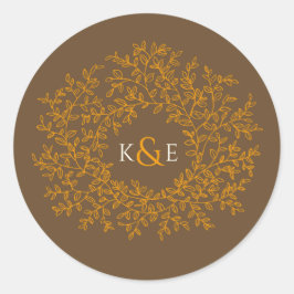 Fall orange löv på brunkolsmonogram bröllop runt klistermärke