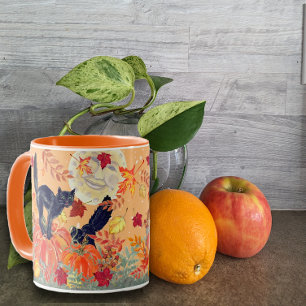 Fall Orange Pumpkin Black Cat Halloween Art Mugg
