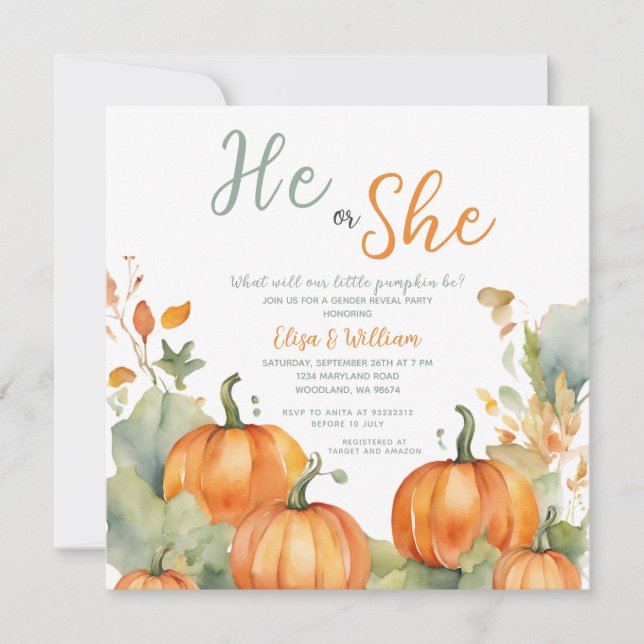 Fall Orange Pumpkin Han eller hon Gender Reveal Inbjudningar (Framsida)