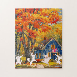 fall orange träd hundar, kustnära skogssolnedgång  pussel