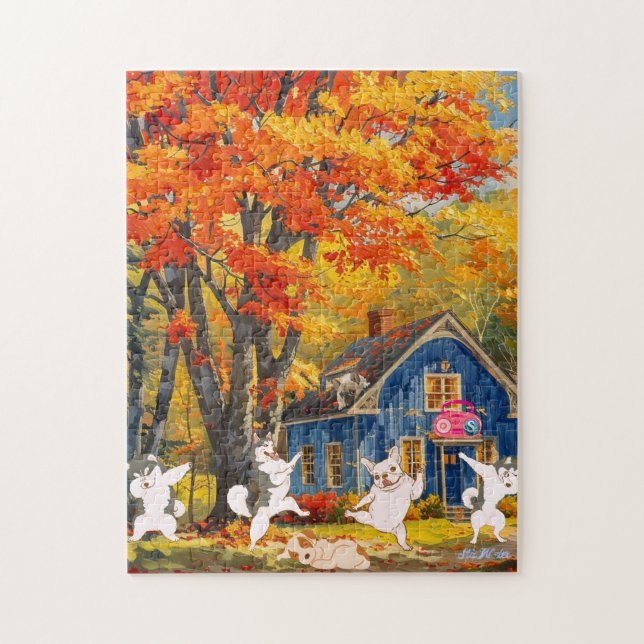 fall orange träd hundar, kustnära skogssolnedgång  pussel (Vertikal)