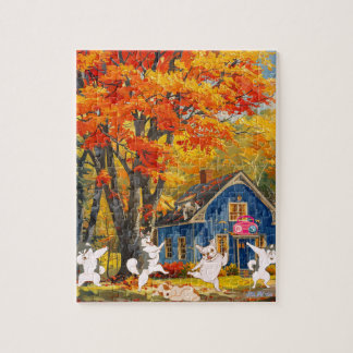 fall orange träd hundar, kustnära skogssolnedgång  pussel