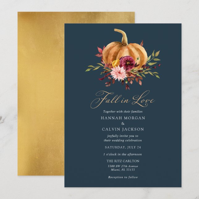 Fall på inbjudan till Kärlek Pumpkin Wedding (Fram/baksida)