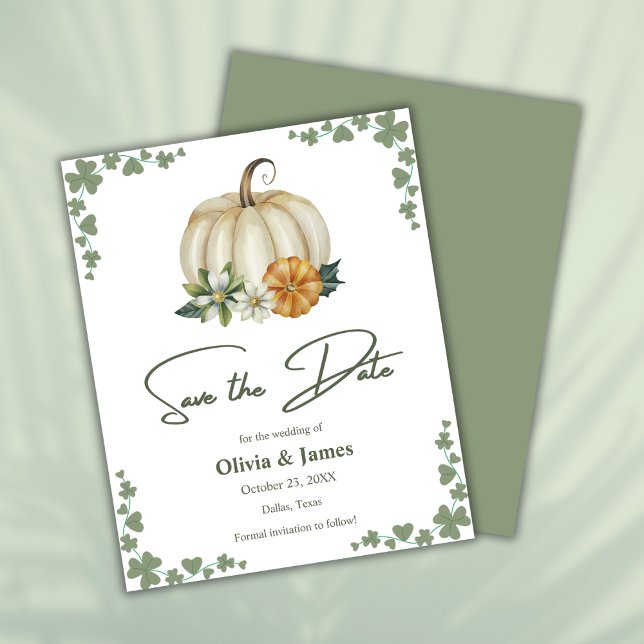 Fall på Kärlek Sage Grönt Bröllop spara datum-kort (Budget Fall in Love Pumpkin Greenery Sage Green Wedding Save The Date Card )