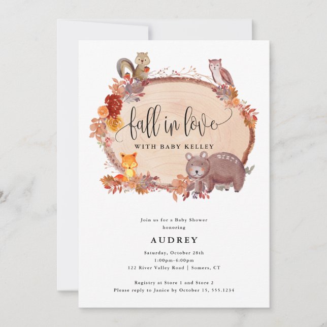 Fall på trädjur i Kärlek, Rustic Baby Shower Inbjudningar (Framsida)