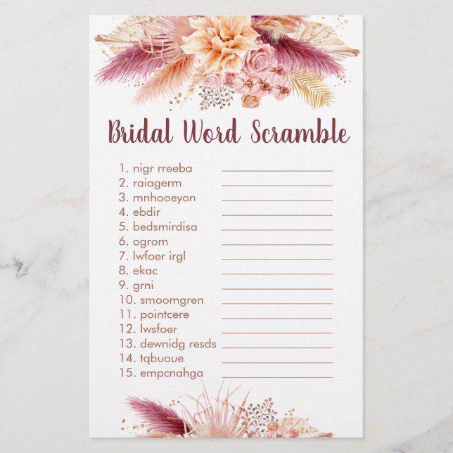 Fall Pampas Grass Boho Möhippa Ord Scramble Game (Framsida)