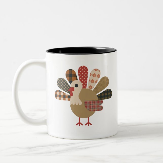 Fall Patchwork QuiltedTurkey-Thanksgiving Två-Tonad Mugg (Vänster)