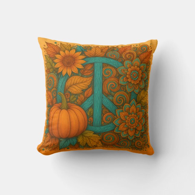 Fall Peace Sign Pumpkins Turquoise & Orange Pillow Kudde (Framsida)