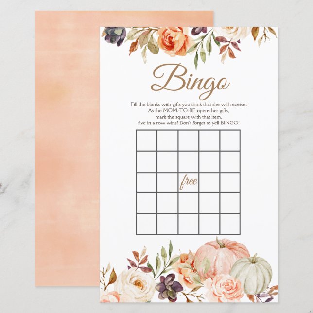 Fall Peach Pumpkin Rustic Blommigt Bingo Games (Fram/baksida)