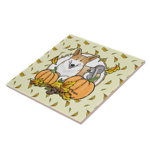 Fall Pembroke Welsh Corgi (röd 1) Pumpkins Cute Kakelplatta