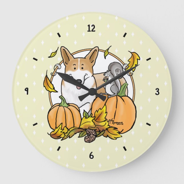 Fall Pembroke Welsh Corgi (röd 1) Pumpkins Cute Stor Klocka (Framsida)