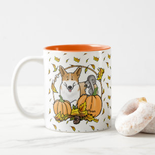 Fall Pembroke Welsh Corgi (röd 1) Pumpkins Cute Två-Tonad Mugg