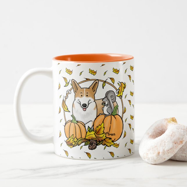 Fall Pembroke Welsh Corgi (röd 1) Pumpkins Cute Två-Tonad Mugg (Med munk)