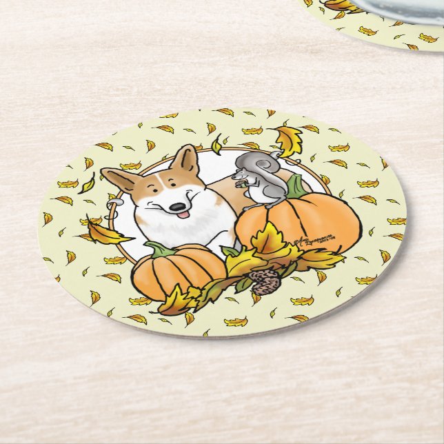 Fall Pembroke Welsh Corgi (röd 1) Pumpkins Cute Underlägg Papper Rund (Vinklad)