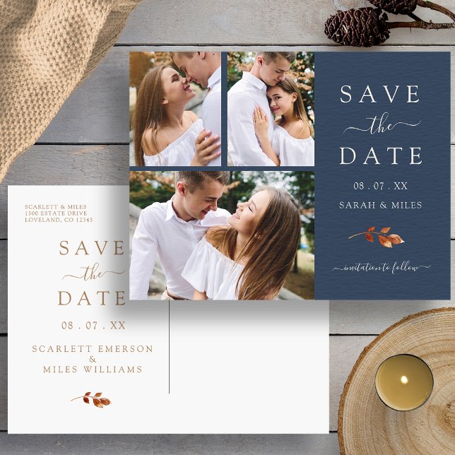 Fall Photo Collage Bröllop spara datum Meddelande Vykort (Autumn Navy Blue Photo Collage Wedding Save The Date Announcement Postcard by Painted Paperie
)