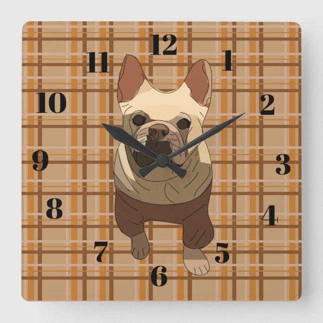 Fall Plaid French Bulldog Fyrkantig Klocka (Framsida)