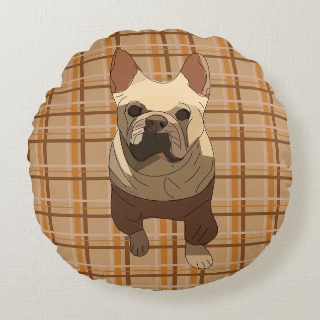 Fall Plaid French Bulldog Rund Kudde (Framsidan)