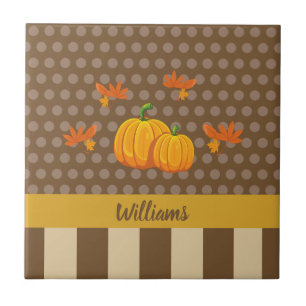 Fall Polka Dot Pumpkin med Family Namn Kakelplatta