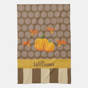 Fall Polka Dot Pumpkin med Family Namn Kökshandduk