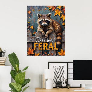 Fall Prowler: Raccoon on Weasted Fence Poster
