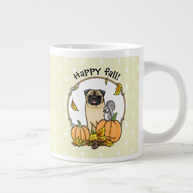 Fall Pug Hund (fawn) Pumpkins Löv Cute Jumbo Mugg (Höger)
