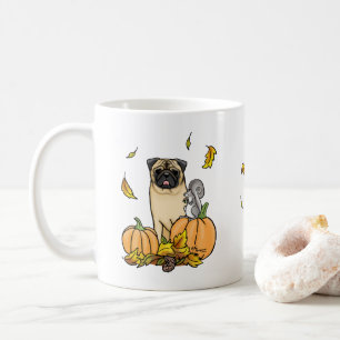 Fall Pug Hund (fawn) Pumpkins Löv Cute Kaffemugg