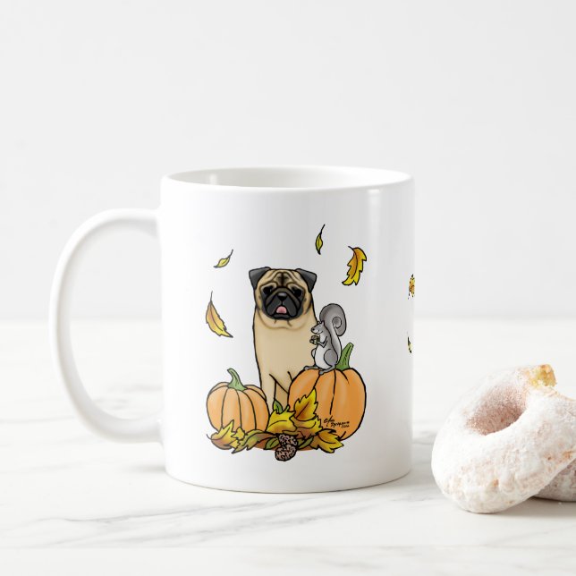 Fall Pug Hund (fawn) Pumpkins Löv Cute Kaffemugg (Med munk)