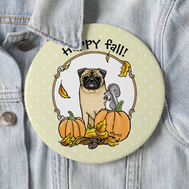 Fall Pug Hund (fawn) Pumpkins Löv Cute Knapp (In Situ)