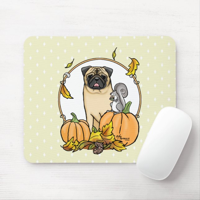 Fall Pug Hund (fawn) Pumpkins Löv Cute Musmatta (Med mus)