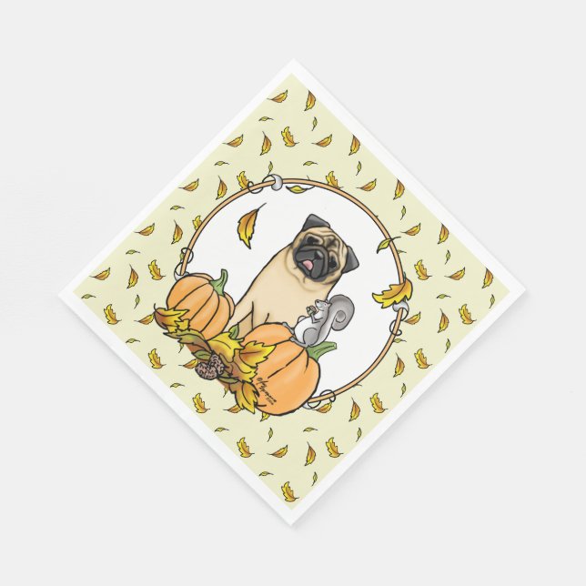 Fall Pug Hund (fawn) Pumpkins Löv Cute Pappersservett (Hörn)