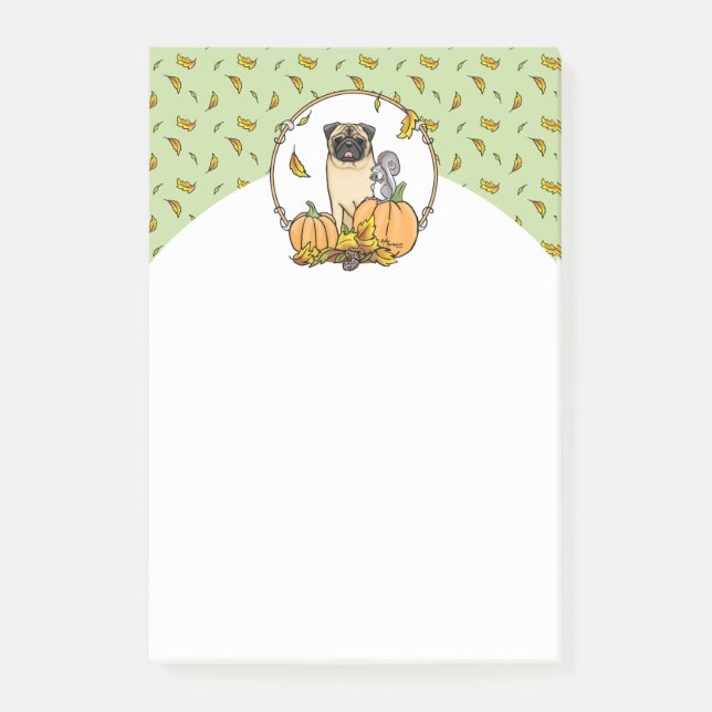 Fall Pug Hund (fawn) Pumpkins Löv Cute Post-it Block (Framsida)