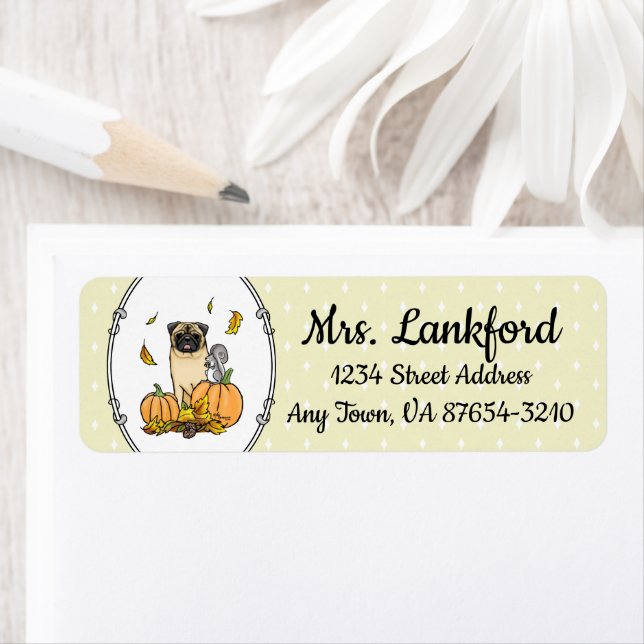 Fall Pug Hund (fawn) Pumpkins Löv Cute Returadress Etikett (Insitu)