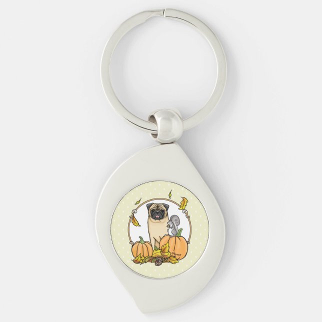Fall Pug Hund (fawn) Pumpkins Löv Cute Swirl Silverfärgad Nyckelring (Framsidan)