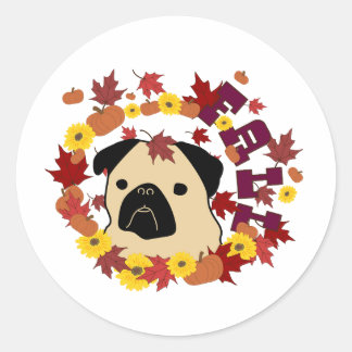 Fall Pug med Löv, pumpor och solblommor Runt Klistermärke