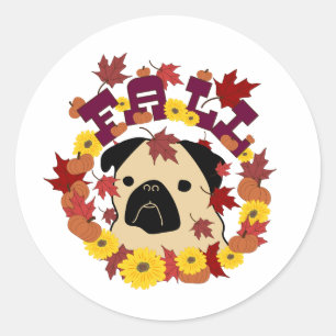 Fall Pug med Löv, pumpor och solblommor Runt Klistermärke