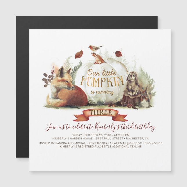 Fall Pumpkin and Woodland Animals Birthday Magnetisk Inbjudningskort (Fram/baksida)