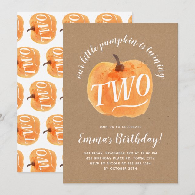 Fall Pumpkin Autumn 2 Birthday Rustic Kraft Inbjudningar (Fram/baksida)