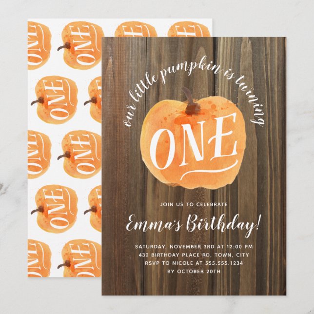 Fall Pumpkin Autumn First Birthday Rustic Wood Inbjudningar (Fram/baksida)