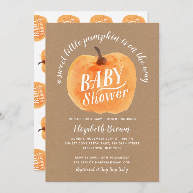 Fall Pumpkin Autumn Kraft Baby Shower Inbjudningar (Fram/baksida)