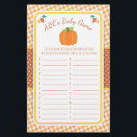 Fall Pumpkin Baby Shower ABC's Game Flygblad<br><div class="desc">Den här konstruktionen har en pumpa och löv höst färger på en gingham-bakgrund. Samordningsprodukter finns i vår butik,  zazzle.com/doodlelulu*. Kontakta oss om du behöver den här designen för en specifik produkt för att skapa ett matchande objekt! Tack så mycket för att du har sett en DoodleLulu-design med två kryp.</div>