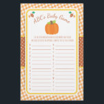 Fall Pumpkin Baby Shower ABC's Game Flygblad<br><div class="desc">Den här konstruktionen har en pumpa och löv höst färger på en gingham-bakgrund. Samordningsprodukter finns i vår butik,  zazzle.com/doodlelulu*. Kontakta oss om du behöver den här designen för en specifik produkt för att skapa ett matchande objekt! Tack så mycket för att du har sett en DoodleLulu-design med två kryp.</div>