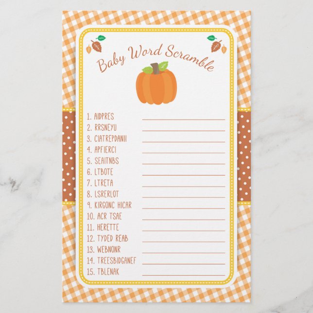 Fall Pumpkin Baby Shower Game - Ord-skandal Flygblad (Framsidan)