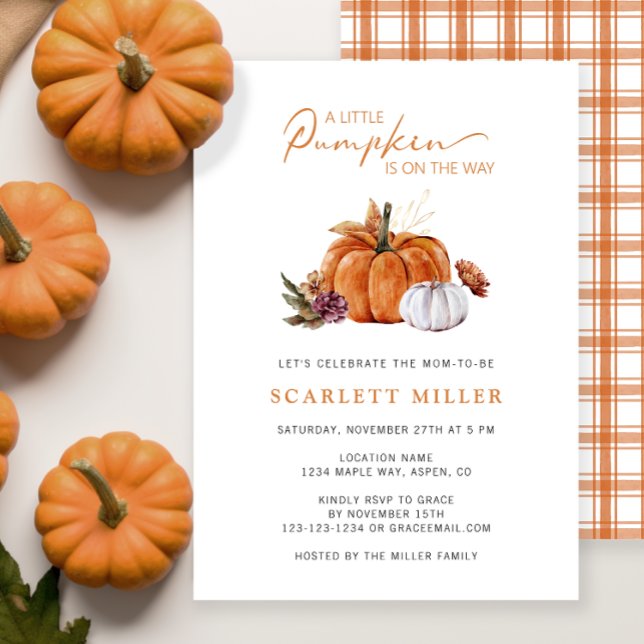Fall Pumpkin Baby Shower Inbjudningar (A Little Pumpkin Is On The Way Baby Shower Invitation Fall Autumn Watercolor Floral)
