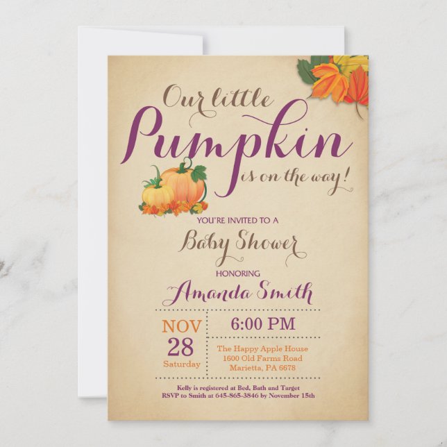 Fall Pumpkin Baby Shower-Lila för Orange av inbjud Inbjudningar (Framsida)