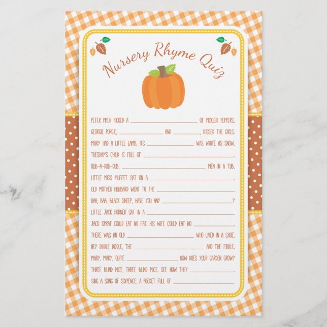Fall Pumpkin Baby Shower Nursery Rhyme Quiz-spel Flygblad (Framsidan)