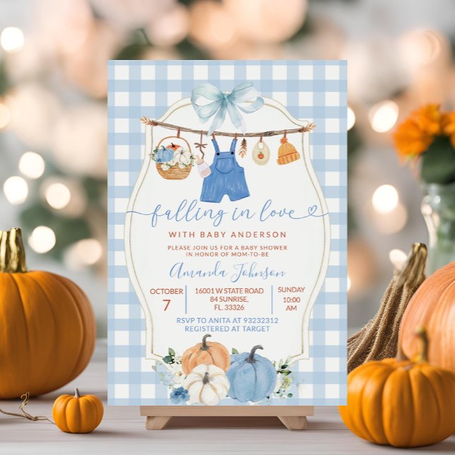 Fall Pumpkin Barnkläders Blue Gingham Baby Shower Inbjudningar (Skapare uppladdad)